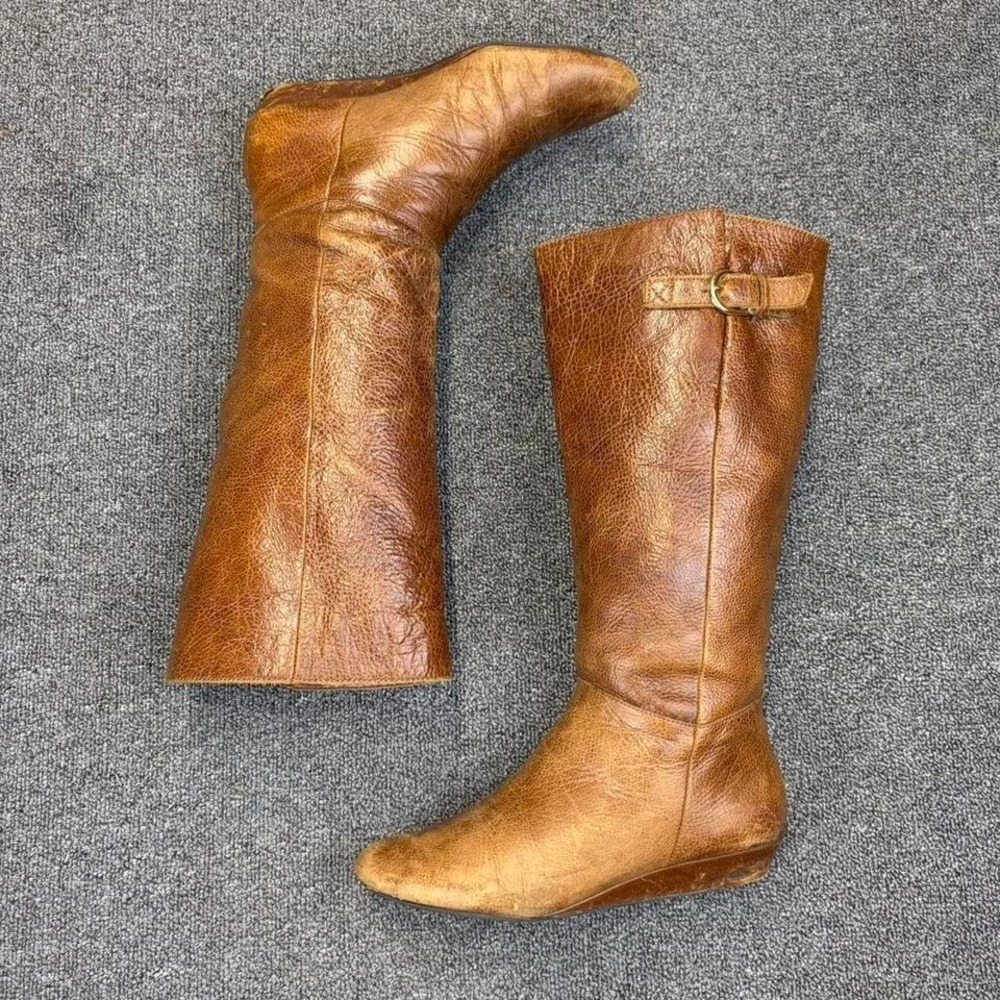 Steve Madden Intyce Brown Leather Knee High Tall Wedge Buckle Riding Boots